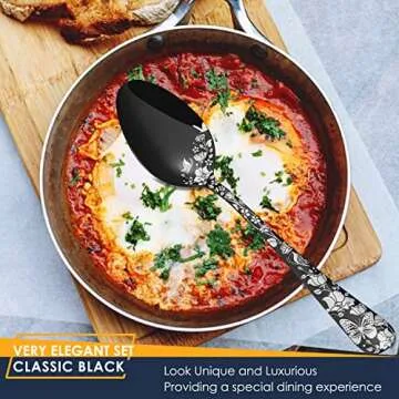 Stapava 77-Piece Black Silverware Set for 12, Plus Steak Knife & Serving Set, Stainless Steel Flatware Cutlery Set, Mirror Eating Utensils Tableware with Butterfly Flower Laser, Dishwasher Safe