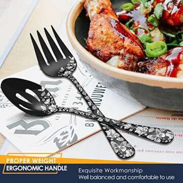 Stapava 77-Piece Black Silverware Set for 12, Plus Steak Knife & Serving Set, Stainless Steel Flatware Cutlery Set, Mirror Eating Utensils Tableware with Butterfly Flower Laser, Dishwasher Safe