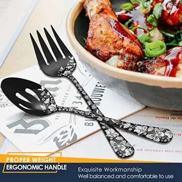 Stapava 77-Piece Black Silverware Set for 12, Plus Steak Knife & Serving Set, Stainless Steel Flatware Cutlery Set, Mirror Eating Utensils Tableware with Butterfly Flower Laser, Dishwasher Safe