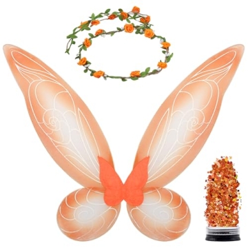 Funcredible Orange Fairy Wings, Fairy Crown and Glitter Set - Perfect Costume Accessories for Hallow...