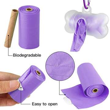 POQOD Dog Poop Bags - Leak-Proof Dog Waste Bags, Clean up Pet Poo Bag Refills 9 Rolls /135 Count, (Purple) Includes Free Bone Dispenser and D-Ring Carabiners Clip