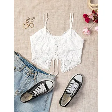 SweatyRocks Women's Lace Trim Tie Front Cami Top White M