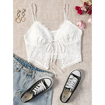 SweatyRocks Women's Lace Trim Tie Front Cami Top White M