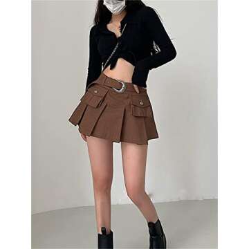 Women Girls Y2K Pleated Denim Skirt Casual Low Waist A-Line Belted Mini Skirts Retro Grunge Cargo Sk...