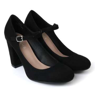 J. Adams Skippy Mary Jane Shoes Women Oxford Pumps - Kitten High Heels - Retro Vintage 1950s Round Toe Shoe with Ankle Strap Dress Shoes - Black Suede - 9.5