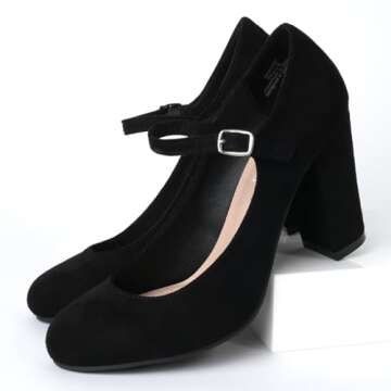 J. Adams Skippy Mary Jane Shoes Women Oxford Pumps - Kitten High Heels - Retro Vintage 1950s Round Toe Shoe with Ankle Strap Dress Shoes - Black Suede - 9.5