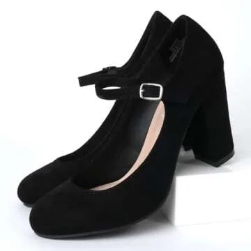 J. Adams Skippy Mary Jane Shoes Women Oxford Pumps - Kitten High Heels - Retro Vintage 1950s Round Toe Shoe with Ankle Strap Dress Shoes - Black Suede - 9.5