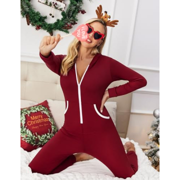 Ekouaer Women Hooded Jumpsuit Elegant Zip Up Pajamas