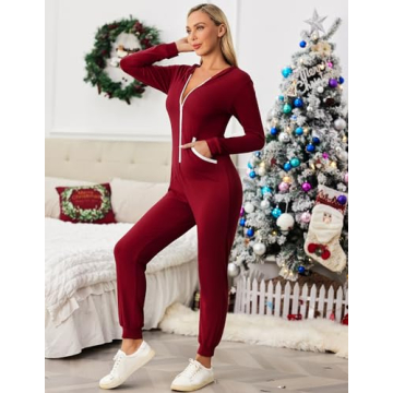 Ekouaer Women Hooded Jumpsuit Elegant Zip Up Pajamas