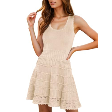 Wenrine Women's Summer Mini Dresses Sleeveless Knitted Crew Neck Casual Crochet Hem Slim Cute Tank D...