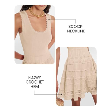 Wenrine Women's Summer Mini Dresses Sleeveless Knitted Crew Neck Casual Crochet Hem Slim Cute Tank Dress Khaki