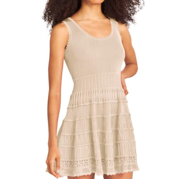 Wenrine Women's Summer Mini Dresses Sleeveless Knitted Crew Neck Casual Crochet Hem Slim Cute Tank Dress Khaki