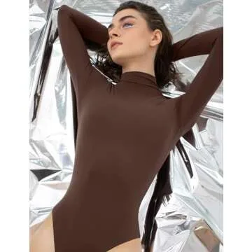 PUMIEY Bodysuit for Women Long Sleeve Mock Turtle Neck Body Suits T-shirt Tops, Chocolate X-Small