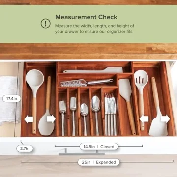 KitchenEdge Premium Silverware, Flatware and Utensil Organizer for Kitchen Drawers, Expandable 14.5 to 25 Inches Wide, 10 Compartments, Food-Safe Premium Acacia Wood Finish Kitchen Storage Tray
