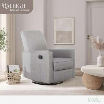 Evolur Raleigh Glider in Light Grey, Upholstered Plush Seating 360° Swivel Glider Rocking Chair, FS...