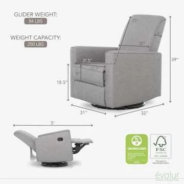Evolur Raleigh Glider in Light Grey, Upholstered Plush Seating 360° Swivel Glider Rocking Chair, FSC Certified, Greenguard Gold & JPMA Certified Nursery Glider Recliner