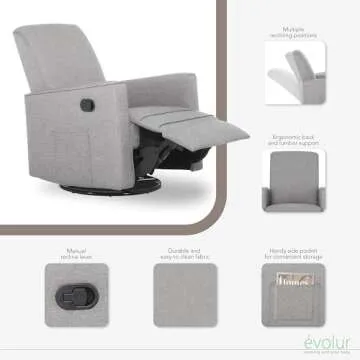 Evolur Raleigh Glider in Light Grey, Upholstered Plush Seating 360° Swivel Glider Rocking Chair, FSC Certified, Greenguard Gold & JPMA Certified Nursery Glider Recliner