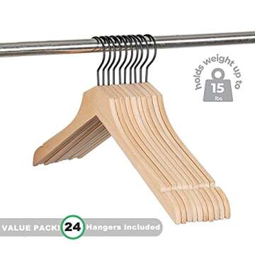 Amber Home 24 Pack Stylish Thin Solid Wooden Shirt Dress Hangers, Sturdy Natural Slim Wood Coat Jacket Hangers with Non-Lacquer Smooth Surface, Extra Space Saving Clothes Hangers (Natural, 24)
