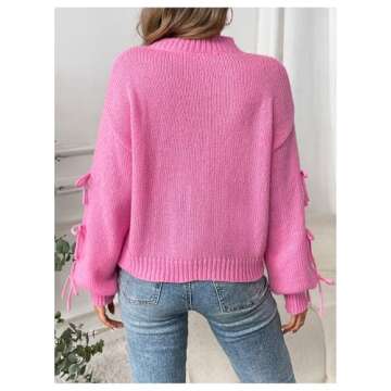 GORGLITTER Women's Bow Fall Sweater Long Sleeve Knit Lightweight Oversized Pullover Tops