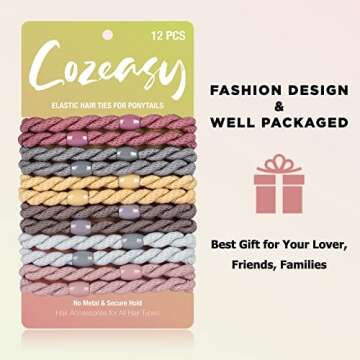 COZEASY 12 pcs Assorted Elastic Hair Ties, No-Metal Gentle Secure Hold Ponytail Holders, No Damage o...