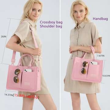 ZHMO Large Canvas Tote Bag for Women With Pockets,Pink Womens Laptop Work Book Bags Crossbody Purse Handbags Shoulder Hobo Travel Satchel Messenger Totes Bag for Nurse Teacher College Church Office