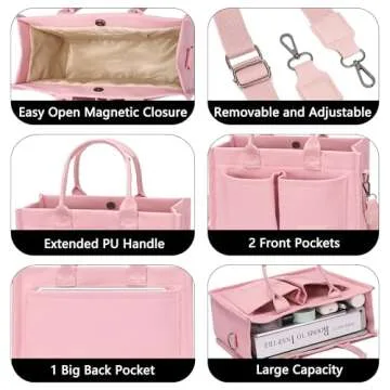 ZHMO Large Canvas Tote Bag for Women With Pockets,Pink Womens Laptop Work Book Bags Crossbody Purse Handbags Shoulder Hobo Travel Satchel Messenger Totes Bag for Nurse Teacher College Church Office