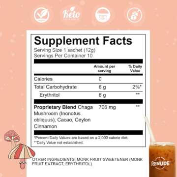 Renude Chagaccino - Chaga Mushroom Powder, Mushroom Coffee Drink Mix with Adaptogens, Natural Energy and Immune Support, Vegan, Keto, Zero Calorie Mushroom Blend Powder - 10 Servings