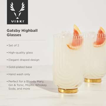 Viski Gatsby Highball Glass, Vintage Cocktail Glasses, Art Deco Drink Tumbler, Glassware Gift Set, S...