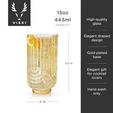 Viski Gatsby Highball Glass, Vintage Cocktail Glasses, Art Deco Drink Tumbler, Glassware Gift Set, Set of 2, 15oz