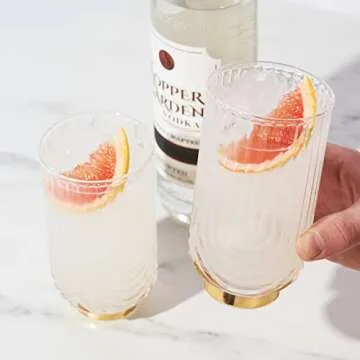 Viski Gatsby Highball Glass, Vintage Cocktail Glasses, Art Deco Drink Tumbler, Glassware Gift Set, Set of 2, 15oz