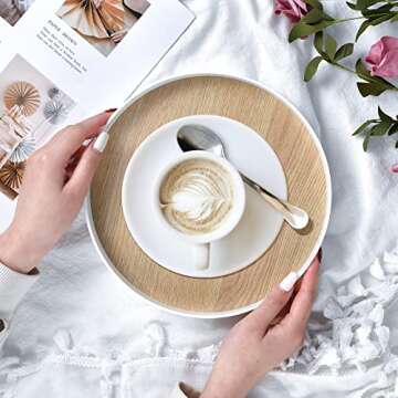 PETIARKIT Bathroom Tray 9" Vanity Organizer, Round Wood Serving Tray, Cosmetic Holder for Home Decor, Dresser, Countertop, Kitchen, Perfume, Candle, Lotion Display Cases (Small)