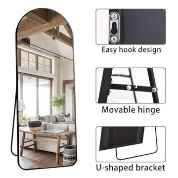 OGCAU Full Length Mirror, Arched Floor Mirror Full Length, 65"x22" Arch-Top Freestanding Body Mirror, Rounded Coner Large Wall Mirror with Aluminum Alloy Frame, Hanging or Leaning for Bedroom (Black)