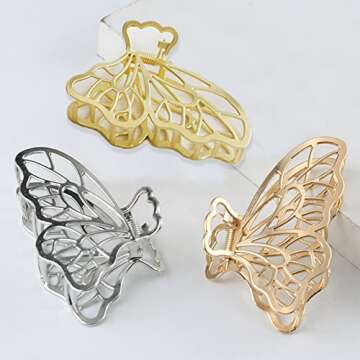 6 Packs Large Metal Hair Claw Clips, Butterfly Lady Thick Hair Catch Barrette, Non-slip Hair Jaw Clamp Clips Styling Fashion Accessories for Women Girls, Bright&Matte Gold&Silver