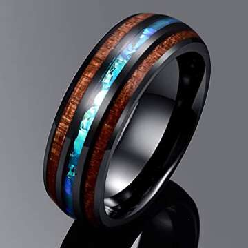 Vakki Mens Rings Tungsten Wedding Ring Koa Wood Inlay 8mm Black Tungsten Promise Bands Blue Center S...