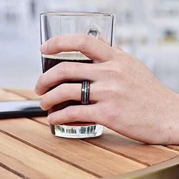 Vakki Mens Rings Tungsten Wedding Ring Koa Wood Inlay 8mm Black Tungsten Promise Bands Blue Center Size 8