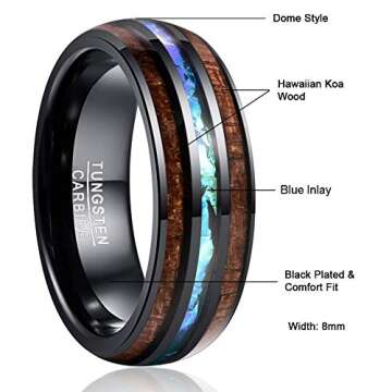 Vakki Mens Rings Tungsten Wedding Ring Koa Wood Inlay 8mm Black Tungsten Promise Bands Blue Center Size 8