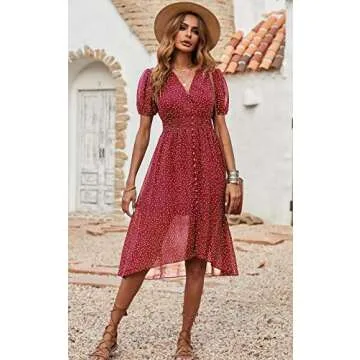 PRETTYGARDEN Women's Floral Wrap V-Neck Midi Dress Short Sleeve Boho Summer Beach Long Dress High Low Hem Smocked Dresses (Red, X-Large)
