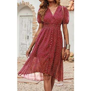 PRETTYGARDEN Women's Floral Wrap V-Neck Midi Dress Short Sleeve Boho Summer Beach Long Dress High Low Hem Smocked Dresses (Red, X-Large)