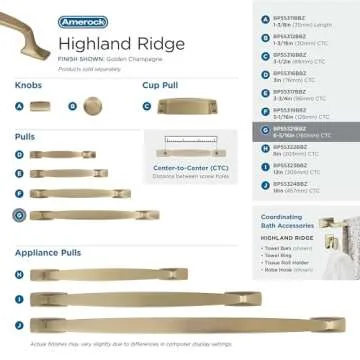 Amerock | Cabinet Pull | Golden Champagne | 6-5/16 inch (160 mm) Center to Center | Highland Ridge | 1 Pack | Drawer Pull | Drawer Handle | Cabinet Hardware