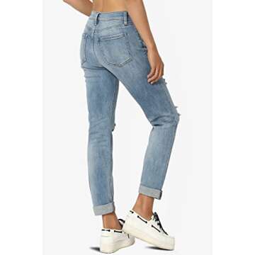 TheMogan Women's Distressed Boyfriend Jeans - Mid Rise Style