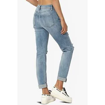 TheMogan Women's Distressed Boyfriend Jeans - Mid Rise Style