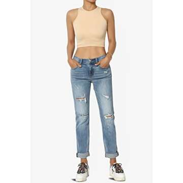 TheMogan Women's Distressed Boyfriend Jeans - Mid Rise Style