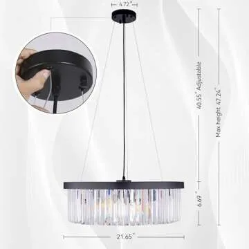 Wellmet Modern Crystal Chandelier for Dining Room, 6 Lights Black Farmhouse Crystal Pendant Light, Vintage Ceiling Lighting Fixture for Kitchen Island, Living Room, Bedroom, Hallway, Foyer, W-21.65”