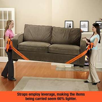 Forearm Forklift 2-Person Lifting and Moving Straps; Lift and Carry Furniture, Appliances, Mattresses or Items up to 800 lbs Like a Pro, Includes Movers Rubber Band, Orange