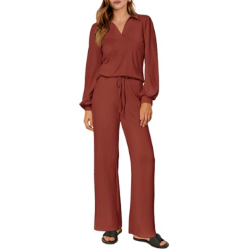 PRETTYGARDEN Womens Fall Two Piece Lounge Sets Long Sleeve Lapel V Neck Tops Shirts Wide Leg Flare P...
