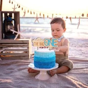 MUWEOL The Big One Wooden Cake Topper - Wave Theme First/1st Birthday Party Decoration,Surf Boy Party Decor，Smash Cake Photo Props (wave topper)