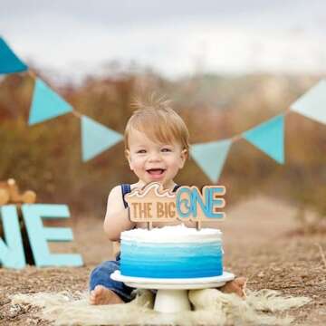 MUWEOL The Big One Wooden Cake Topper - Wave Theme First/1st Birthday Party Decoration,Surf Boy Party Decor，Smash Cake Photo Props (wave topper)