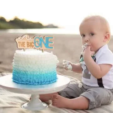 MUWEOL The Big One Wooden Cake Topper - Wave Theme First/1st Birthday Party Decoration,Surf Boy Party Decor，Smash Cake Photo Props (wave topper)