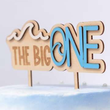 MUWEOL The Big One Wooden Cake Topper - Wave Theme First/1st Birthday Party Decoration,Surf Boy Party Decor，Smash Cake Photo Props (wave topper)