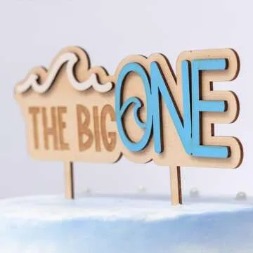 MUWEOL The Big One Wooden Cake Topper - Wave Theme First/1st Birthday Party Decoration,Surf Boy Party Decor，Smash Cake Photo Props (wave topper)